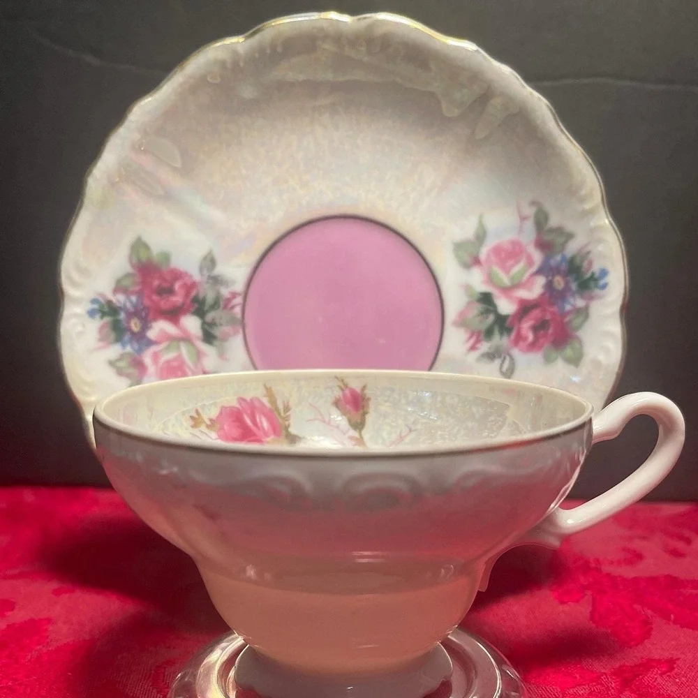 Vintage Japan Opal Lusterware Teacup Saucer Purple Roses 1950s Opaic Bone China
